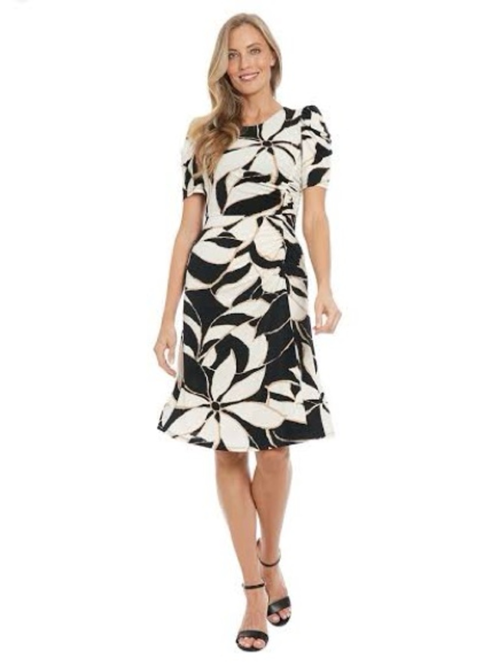 Women's London Times Puff Sleeve Jewel Neck Ruched Midi Dress